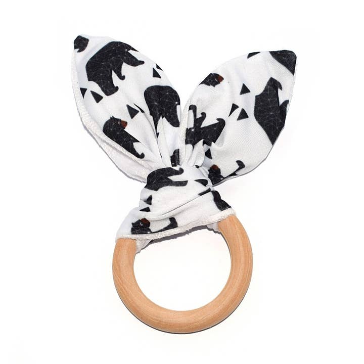 Anneau de dentition en bois et tissu bruissant ours pour la vente par Fais-le toi-même