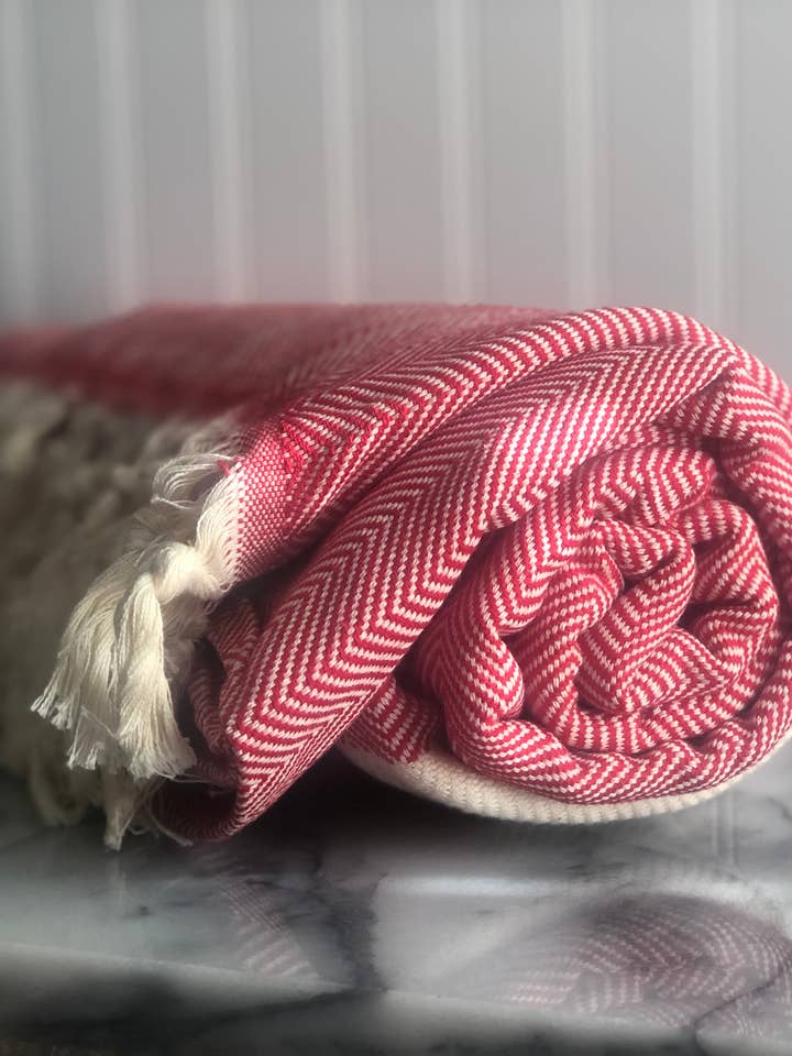 WOVEN COTTON BLANKET - RED & NATURAL for wholesale by THE RILEY/LAND COLLECTION