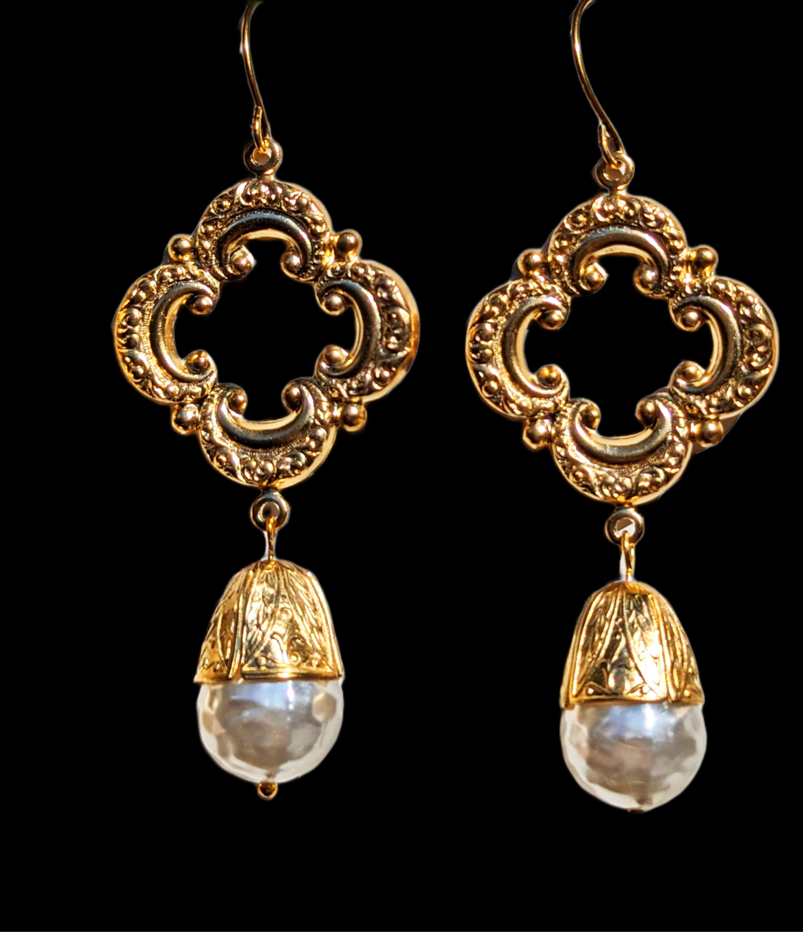 Gay Isber Designs - Wholesale Dangle Earrings - Gold Plated Elegant Vintage Cream Pearl Drop Earrings 3 inch Long USA Made by Sugar Gay Isber unisex-adult Bridal Other colors available6