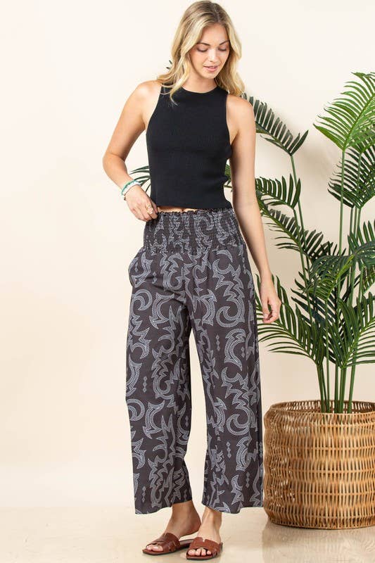 Marron AV1243-PANTALON SMOCK ÉLASTIQUE IMPRIMÉ COUTURE WESTERN ZARA en vente sur Faire2