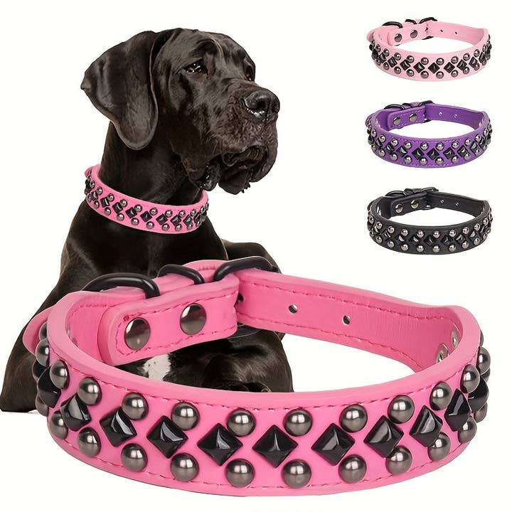 DIYSTORE - Wholesale Pet Collar - Dog - CP037 Studded Faux Leather Dog Collar with Bite-Resistant Rivets, Adjustable Basic Collar with Round and Square Studs for Neck Protection - For Medium to Large Dogs - Durable & Stylish - Perfect Gift for Dog Owners