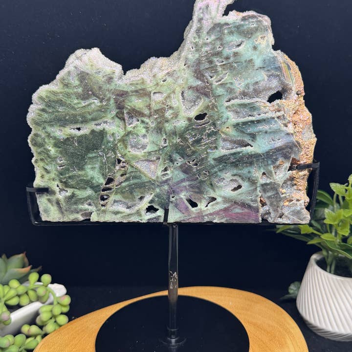 The 7 Directions - Wholesale Spiritual Stone/Crystal - 10 " Lg Angel aura sphalerite slab w/ custom stand F6724