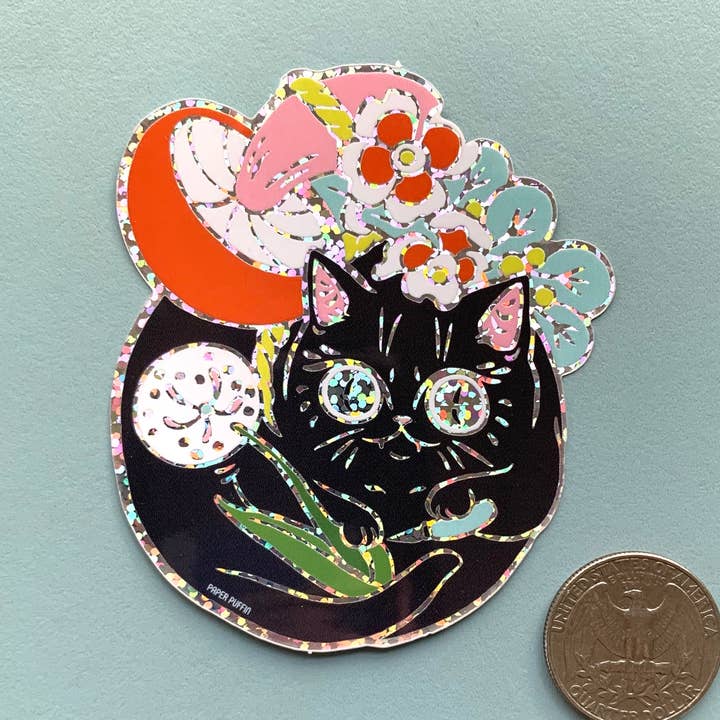 Autocollant scintillant Chat curieux de la nature pour la vente par Paper Puffin