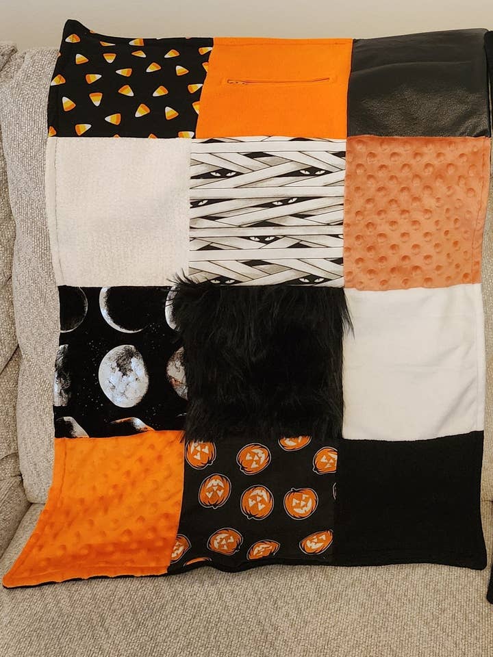 Sensory Blanket- Halloween Theme Push fur zipper pocket candycorn pumpkins for wholesale by Peek A Boo Plush