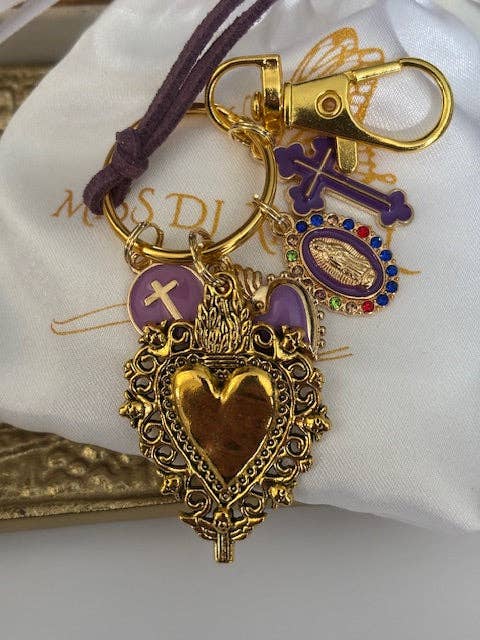 Miss DJ Angel - Wholesale Sleutelhanger - Dames - Sleutelhanger met heilig hart en kruis, cadeau voor mama ex-voto, mirakelmedaille bedel, paarse sleutelhanger4