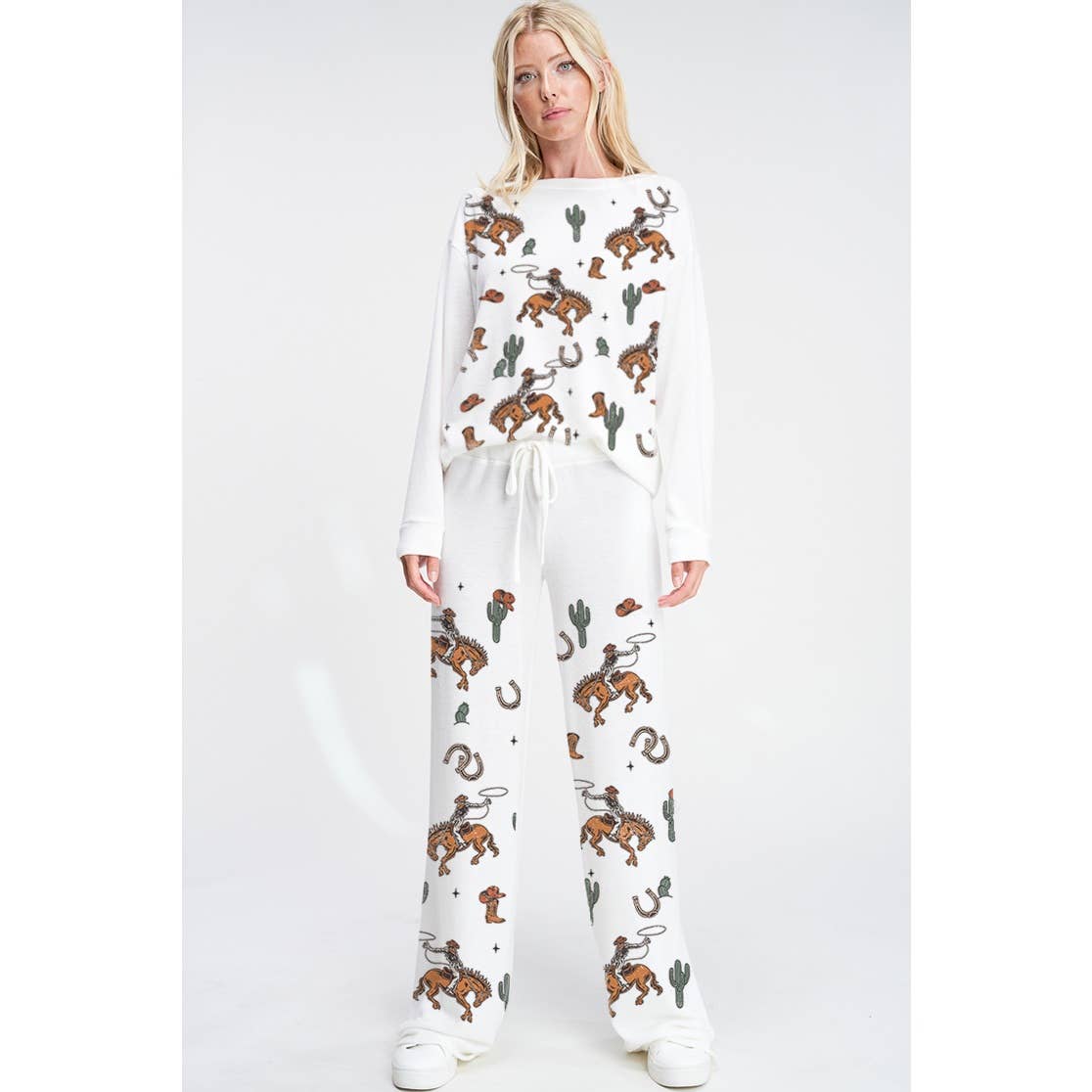 Phil Love - Wholesale Lounge Set - Women's - Cowgirl cactus print soft brushed loungewear set 7