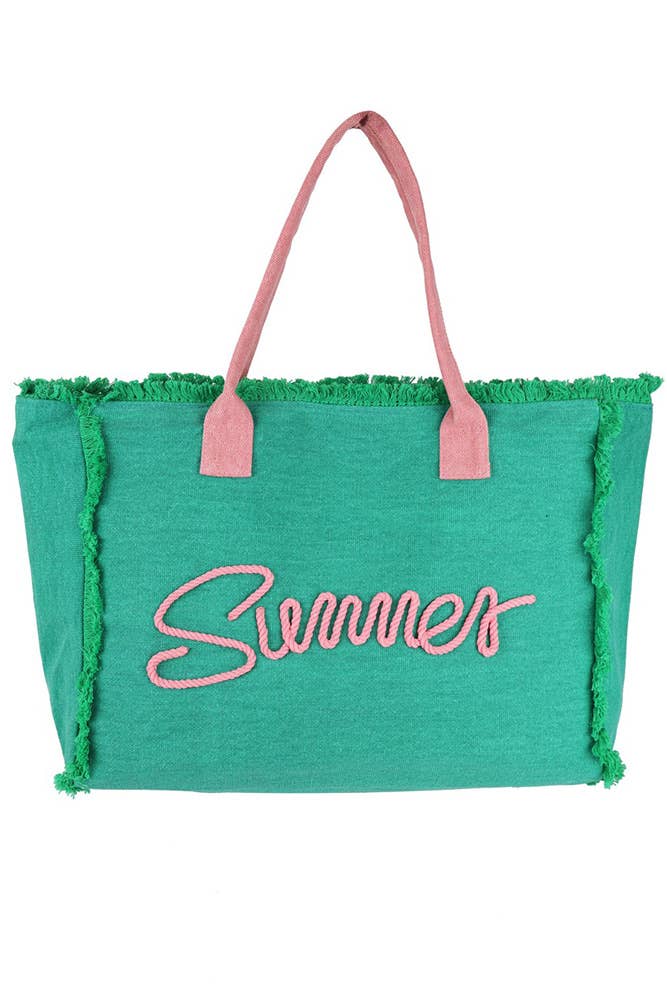 Hana – Saco de praia por atacado – Bolsa de lona amarela com franjas, corda costurada e palavra 'Summer'2