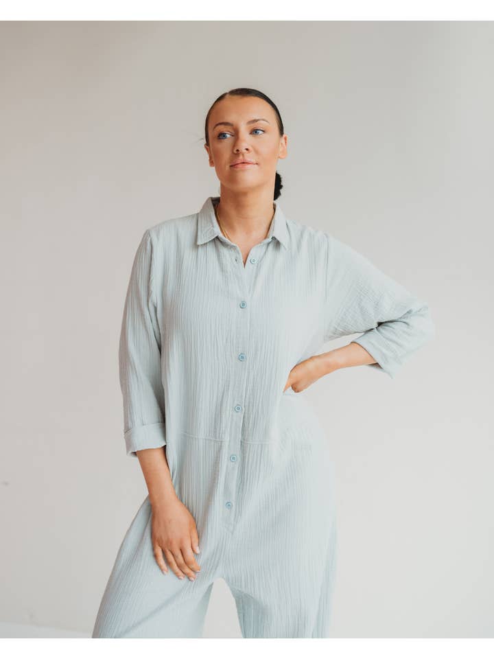 Shana Sky Blue Collared Jumpsuit for wholesale on Faire3
