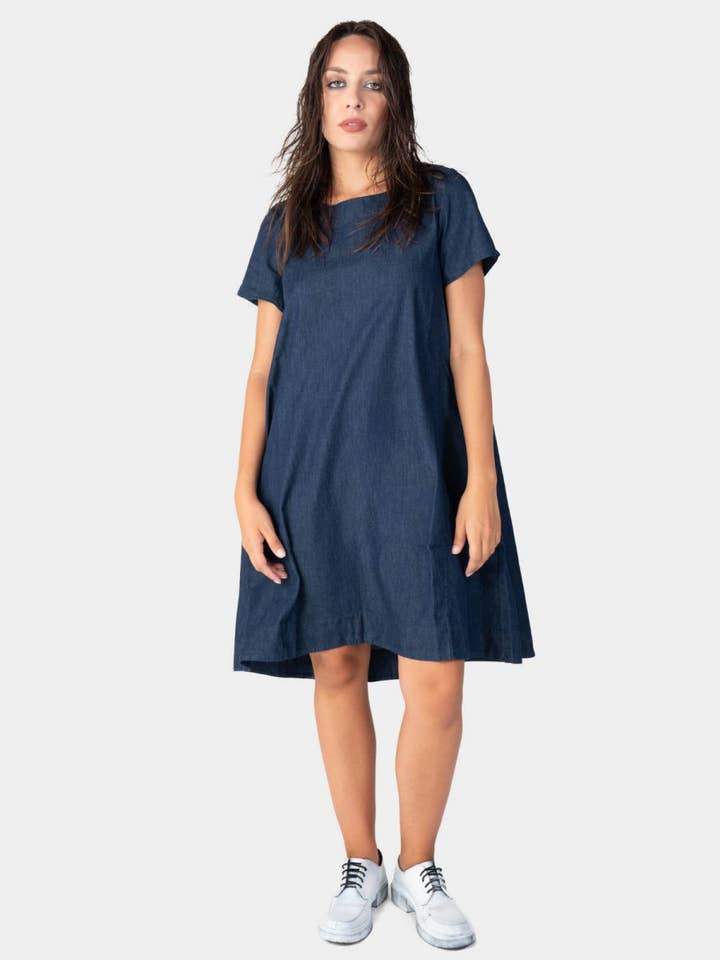 Indigo Round Neck Denim Day Dress for wholesale on Faire