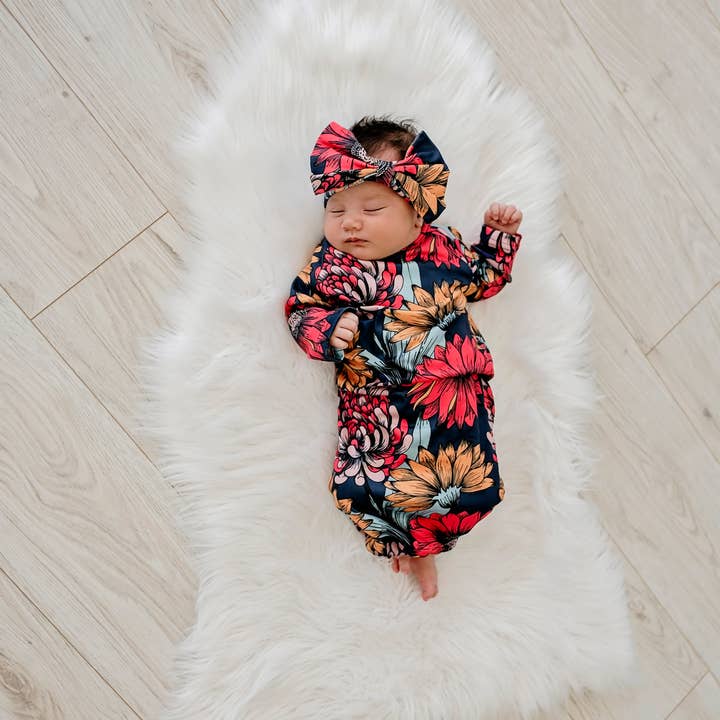 Adorable Sweetness - Wholesale Babygown Set - Baby - Infant Girls Sunflower Baby Gown and Bow Headband