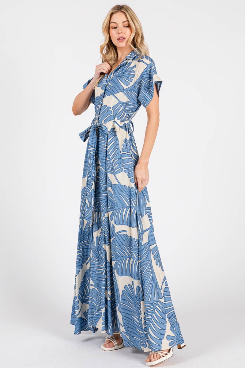 B I G H I T Fashion - Wholesale Dress - Women's - Palm Print Short Sleeve Button-Down Maxi Dress HD3020-BLUE10