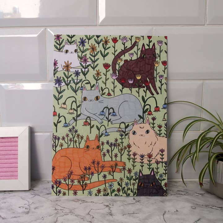 Gatos en las Flores Ilustración Impresa en A4 para venta al por mayor de I LIKE CATS