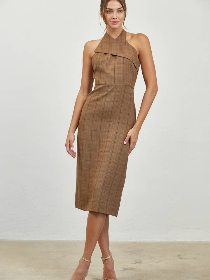 Plaid Halter Midi Dress with Back Slit for wholesale by Edit by Nine