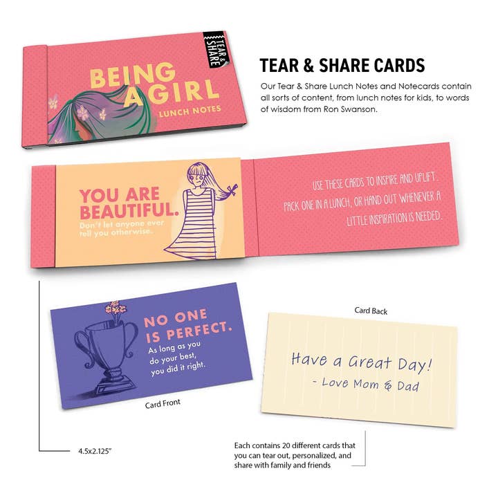 Papersalt - Wholesale Stationery/Notecard Set - "Tear & Share" Lunch Notes for Young Girls, Ages 5-102