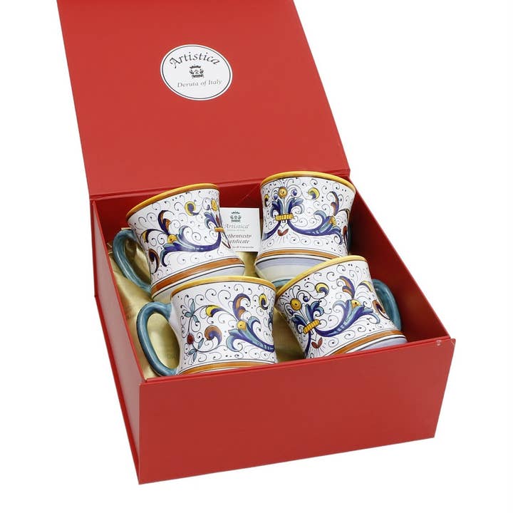 COFFRET CADEAU : Coffret cadeau DeLuxe rouge brillant avec tasses concaves Ricco Deruta 12 oz. (ensemble de 4 pièces) pour la vente par Artistica - Deruta of Italy