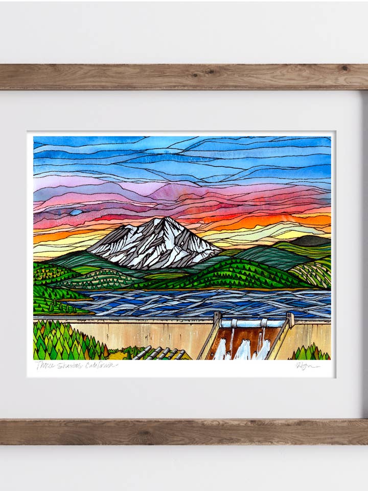 Tre Shastas, Kalifornien - Inramad utskrift - Arkivbeständigt matt papper - Handtitlad och signerad för wholesale av Heidi Garner Studio