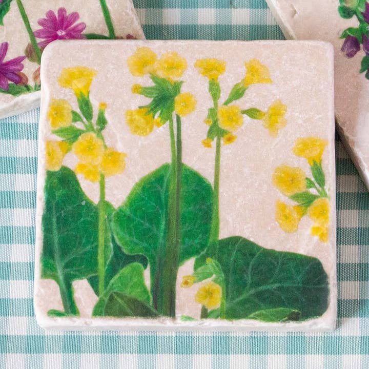 Floral coaster with cowslip / Yellow flower marble coaster for wholesale by AMPellegrini Art & Design