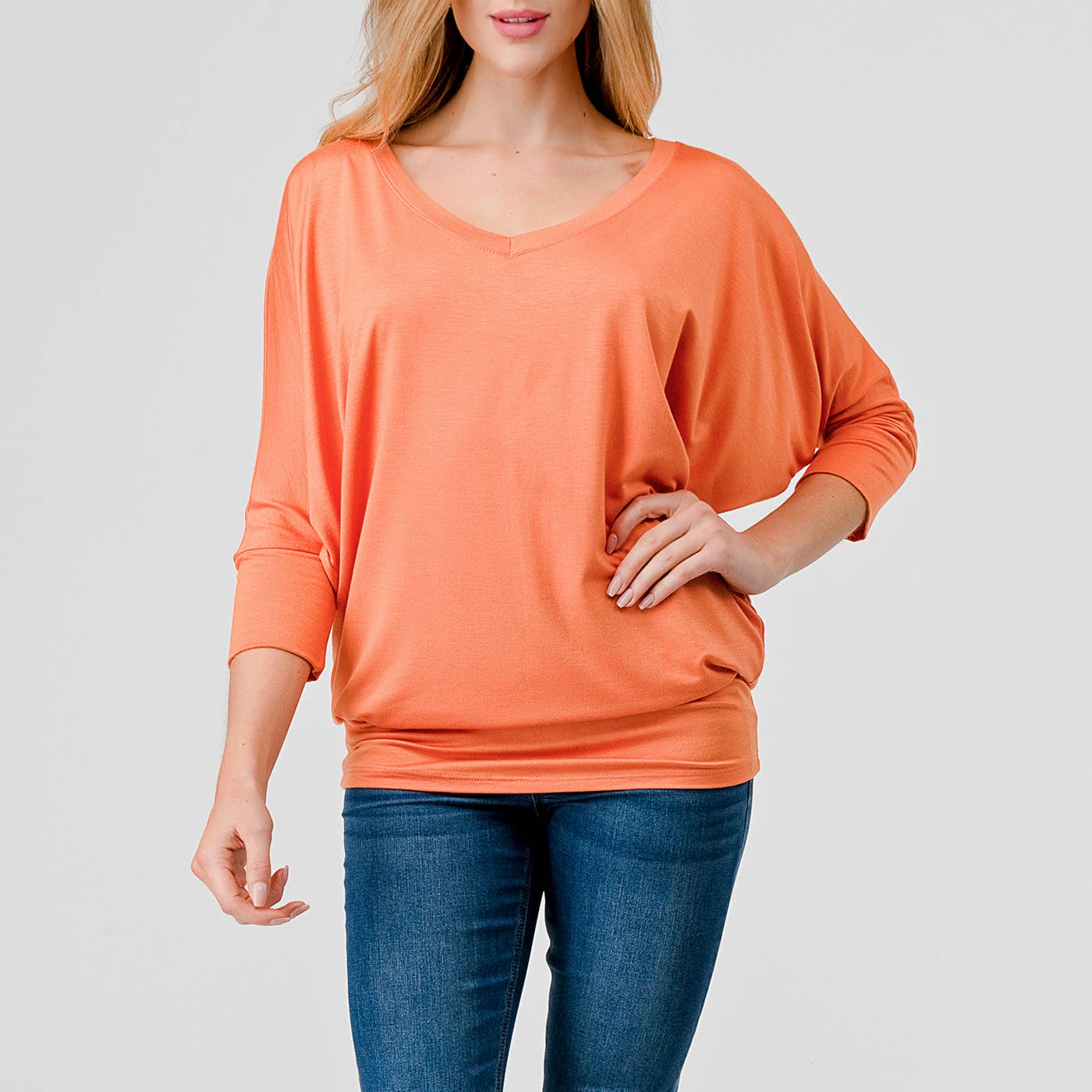Heimious - Wholesale Knit Top - Women's - 3/4 Dolman Sleeve V-neck Modal Jersey Top, 2573110