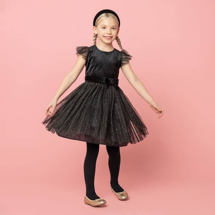 Robe de soirée Wednesday en velours et tulle à paillettes pour filles, noire pour la vente par Holly Hastie London
