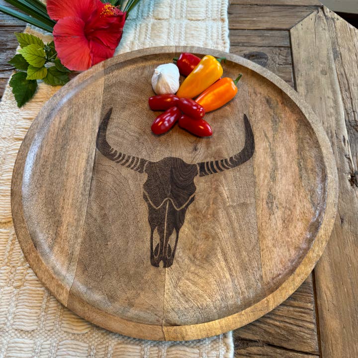 Wilco Home - Wholesale Serving Tray - "Branding Iron" Cow Skull Mango Wood Charcuterie Tray