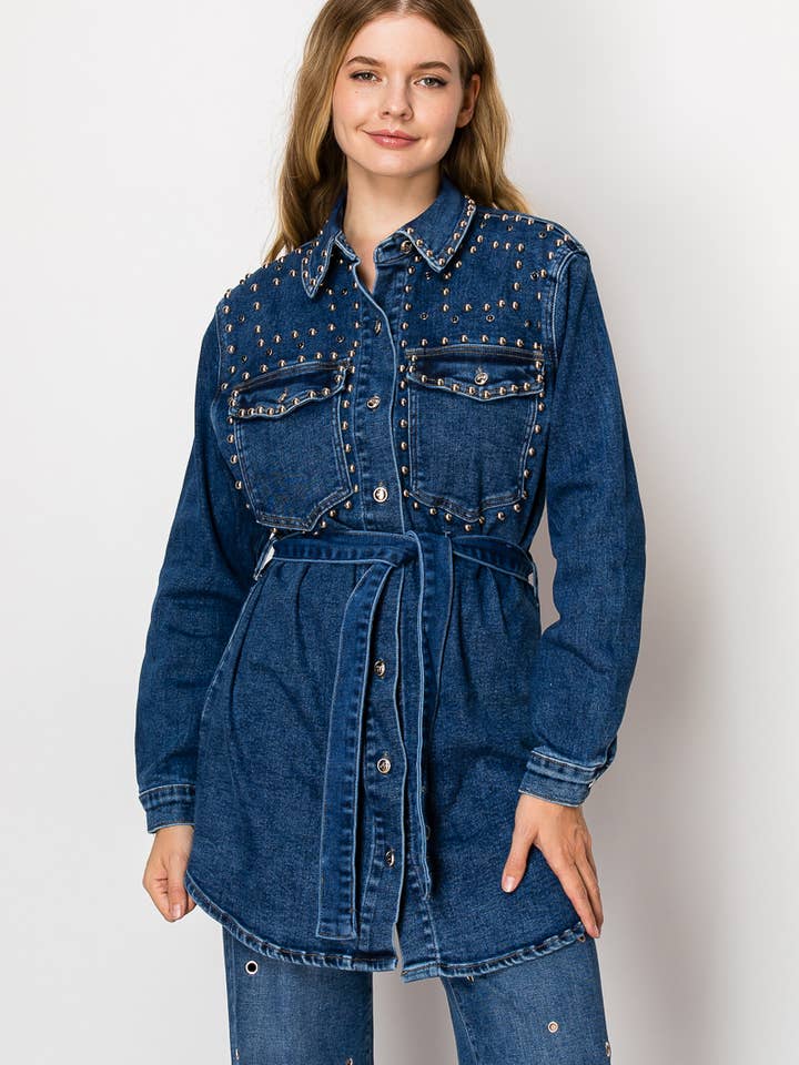 E29 - stud Embellished long sleeve denim shirt/dress for wholesale by Nina Rossi Jeans