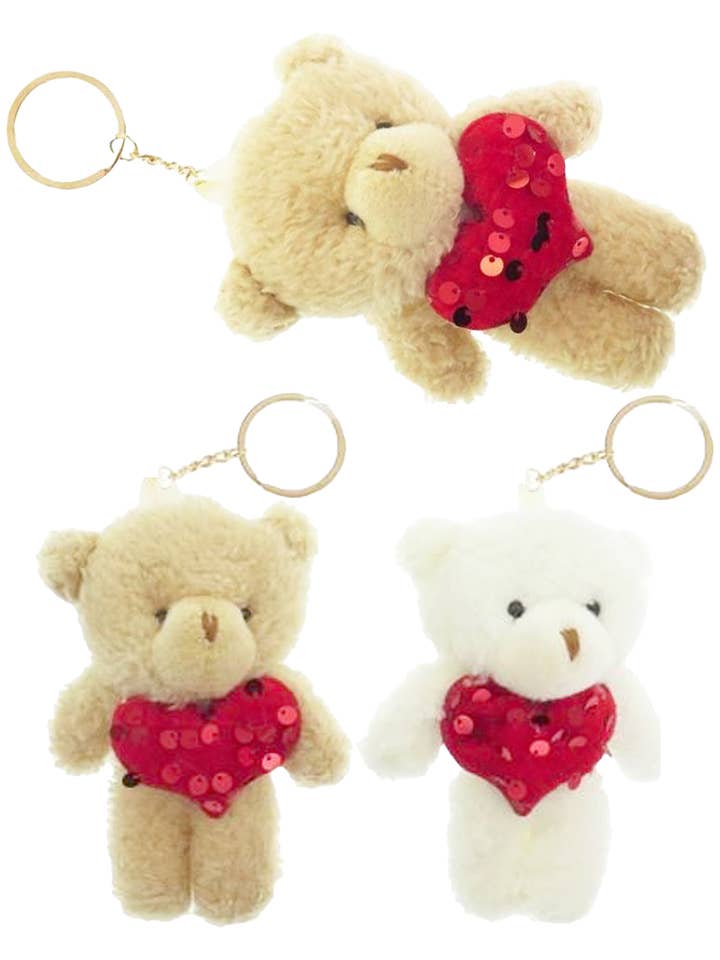 Sequined Heart Fuzzy Teddy Bear Key Chain for wholesale by Cap Zone