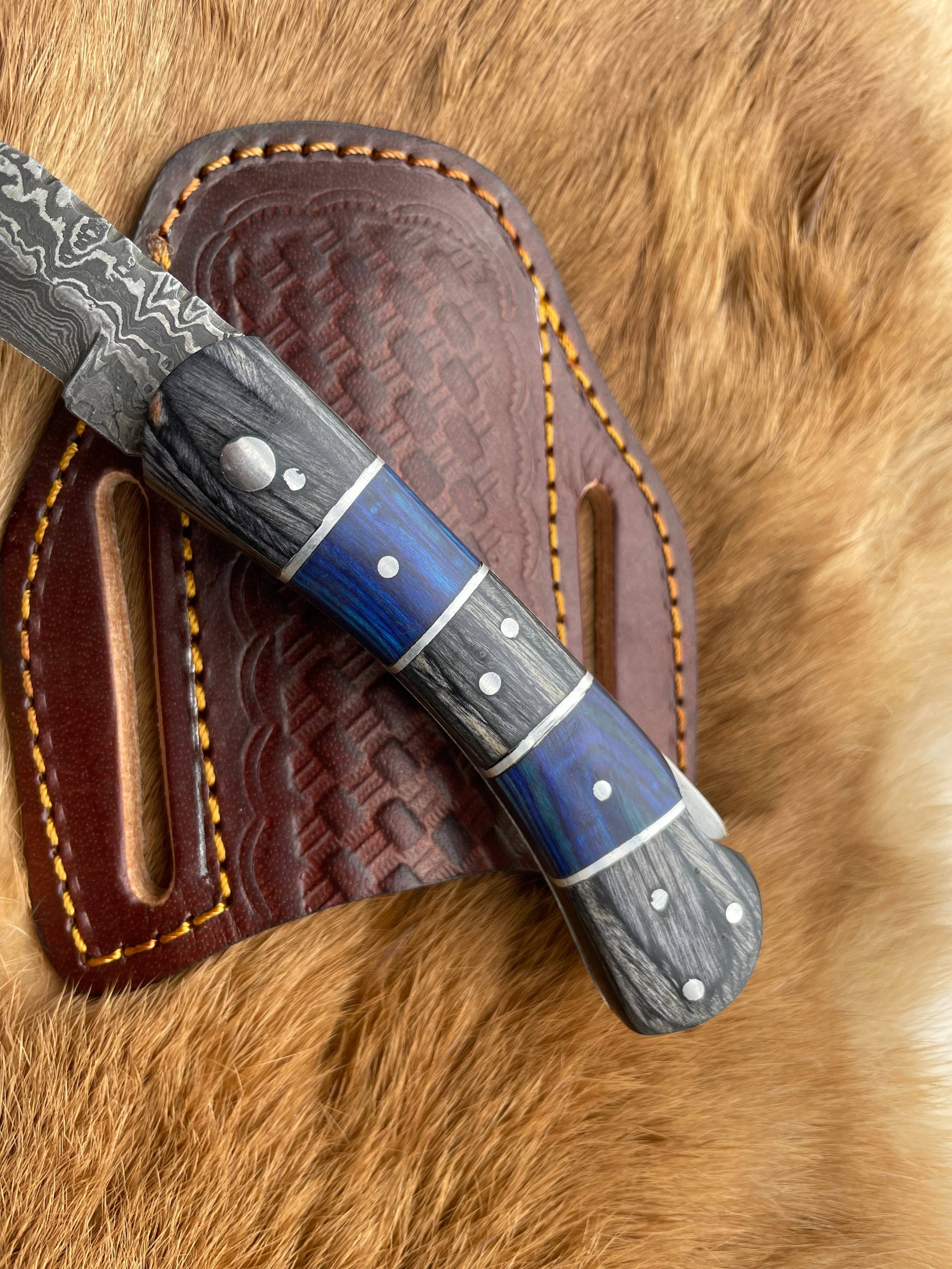 Titan International - Wholesale Pocket Knife/Holder - POCKET KNIFE Grey and Blue WOOD 6.5'' DAMASCUS STEEL KNI3