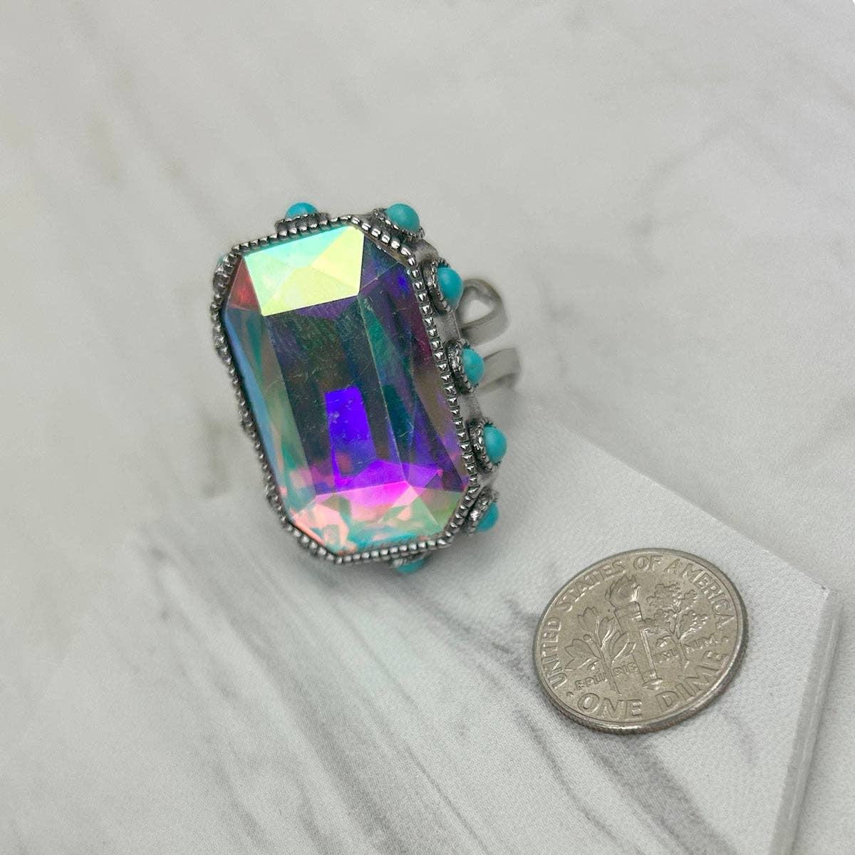Western Elite Jewelry - Wholesale Cocktail/Statement Ring - RGY241130-02-CLEAR                        Silver metal with clear crystal and blue turquoise stone beads Ring0