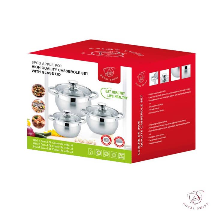 Royal Swiss – Großhandel Kochset – 3-teiliges Set Edelstahltöpfe mit bauchiger Form, 3 l, 4 l und 6,5 l1