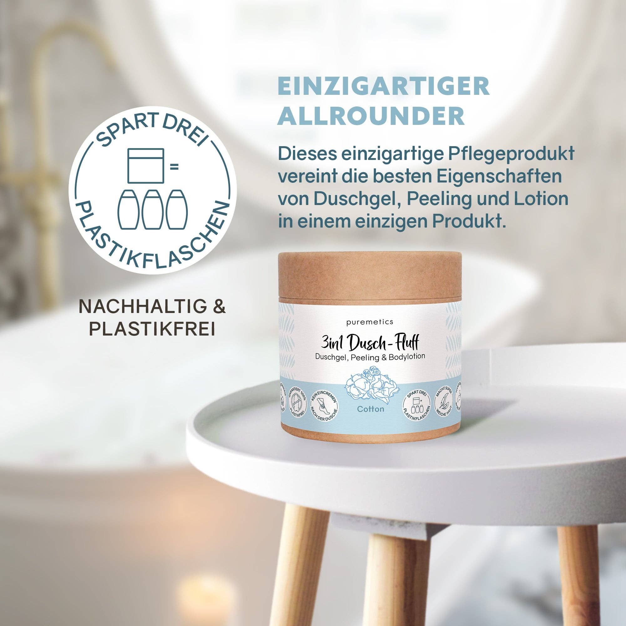 puremetics GmbH - Vente Lotions corporelles/Gels douches - Fluff douche 3-en-1 « coton » : gel douche, gommage et lotion1