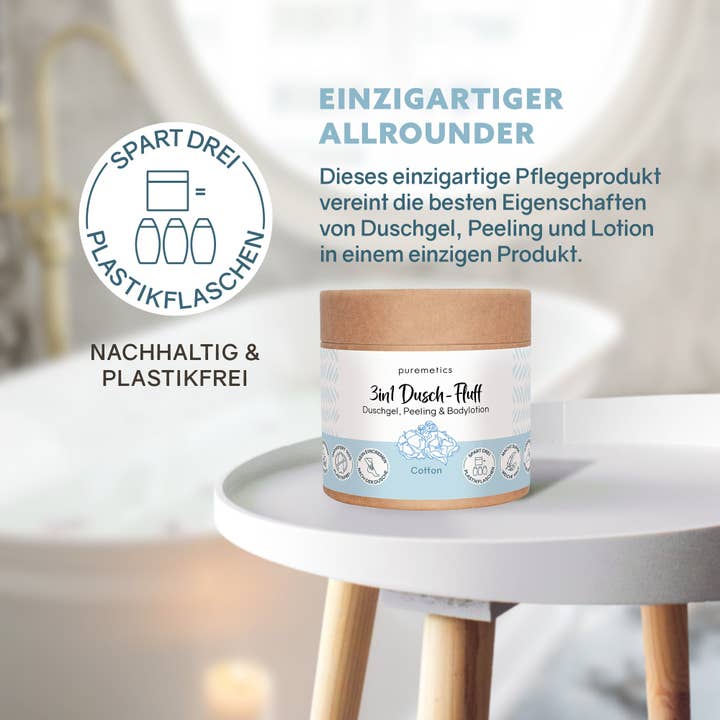 puremetics GmbH - Vente Lotions corporelles/Gels douches - Fluff douche 3-en-1 « coton » : gel douche, gommage et lotion1