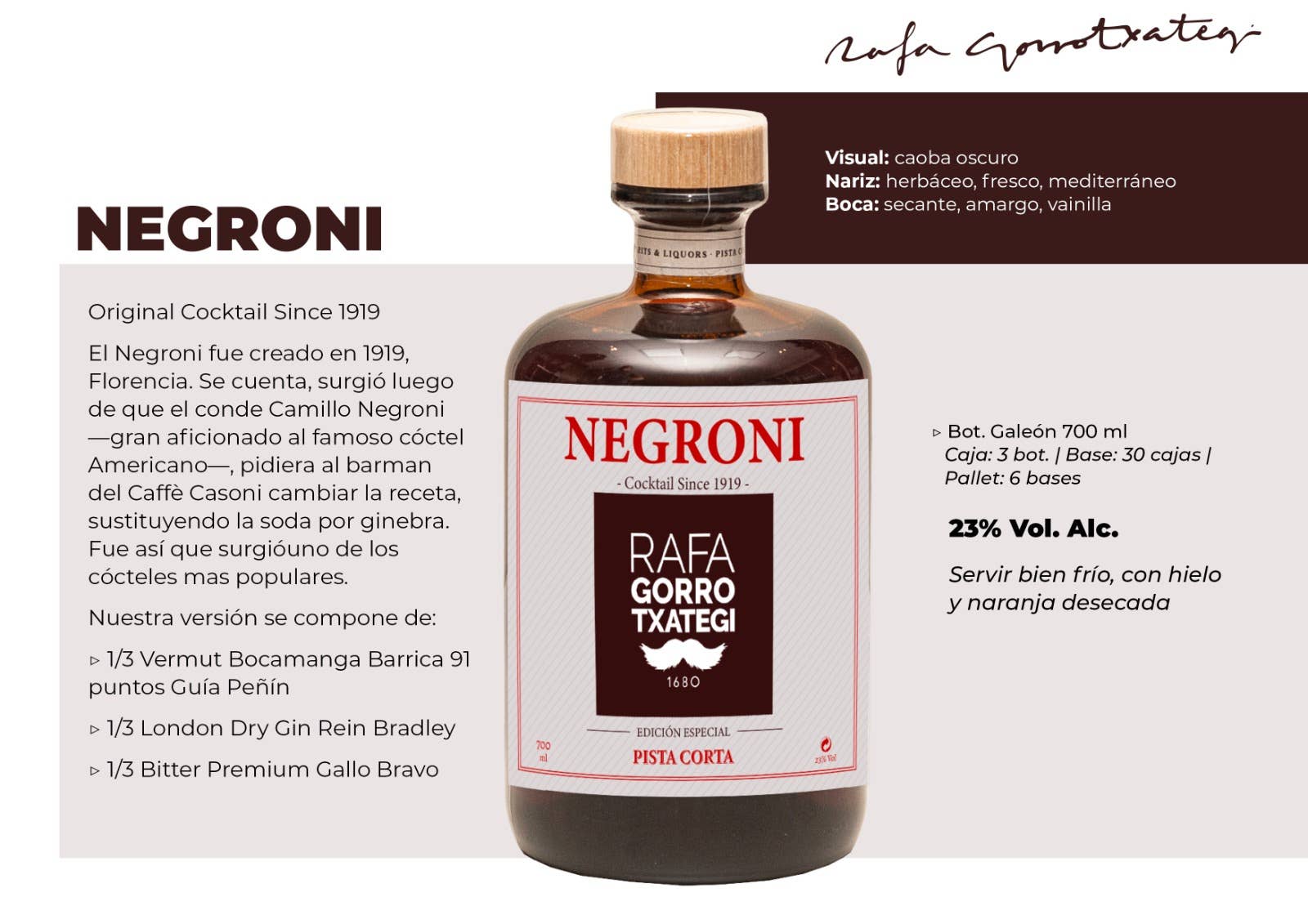 RAFA GORROTXATEGI - Wholesale Cocktail Mix/Syrup - NEGRONI 700 ml.1