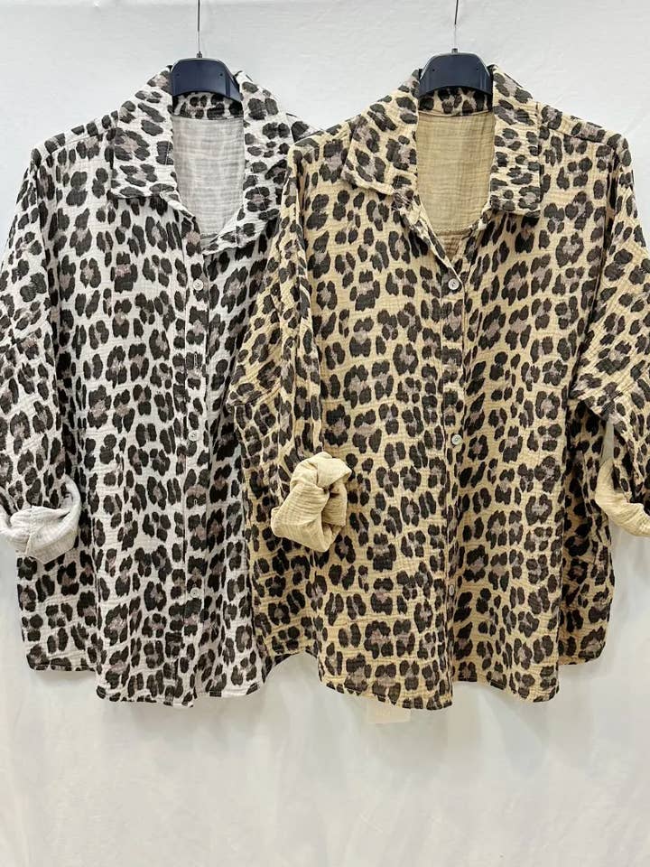 Mimi & Gogo - Vendita all'ingrosso Camicia button down - Donna - Camicia in garza di cotone con leopardo @8800_ChLeoGaze10