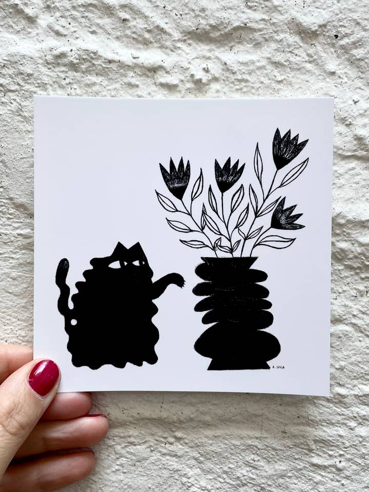 Cat with a plant 2, square postcard for wholesale by Anna Soba