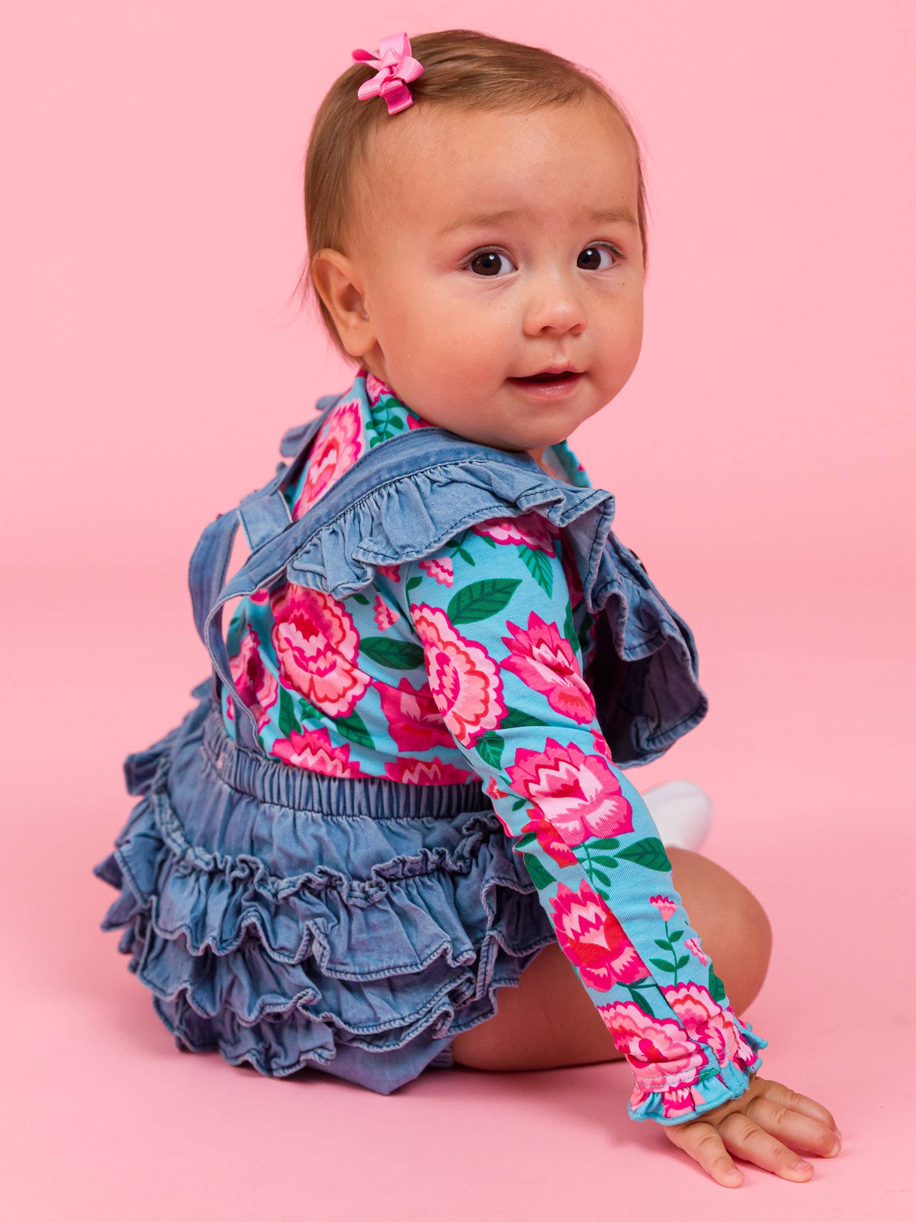 Blue Baby Girls Bright Blossoms Knit Long Sleeve Ruffle Bodysuit for wholesale on Faire3