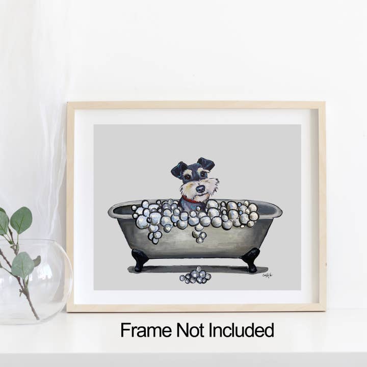 Bathroom Dog Art Print, Schnauzer, Dog in Tub Art Print for wholesale by Hippie Hound Studios