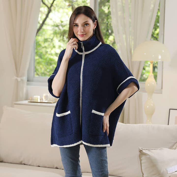 Fashion City - Wholesale Outerwear Poncho - Women's - Solid Zipper Jacket with Outlined Edges35