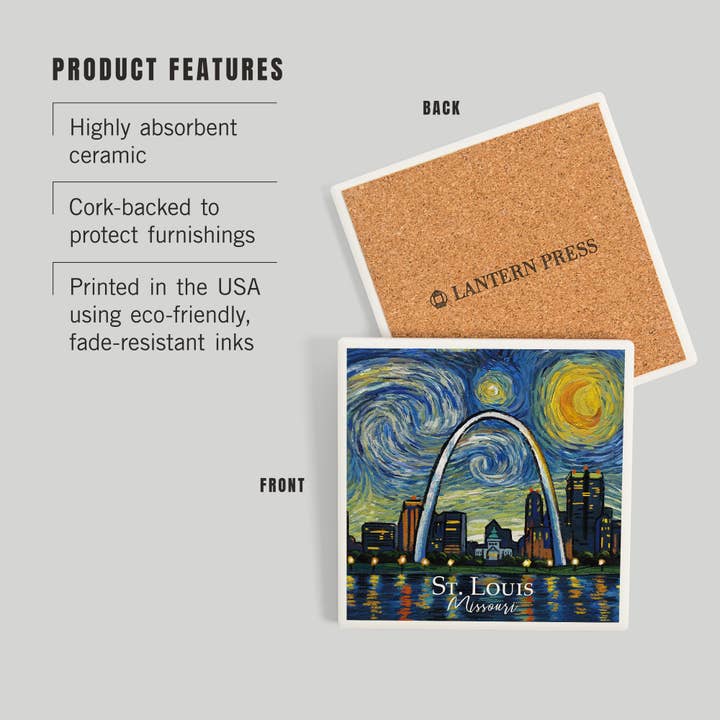 Lantern Press - Wholesale Coasters - CERAMIC COASTER St. Louis Missouri Waterfront Starry Night2