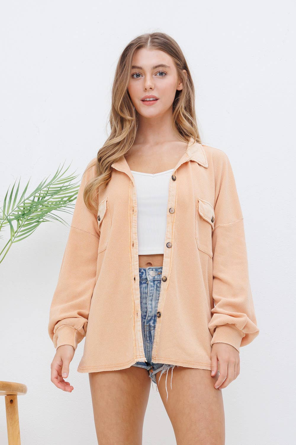 Blue B - Wholesale Shirt Jacket/Shacket - Women's - 31626J - Textured Knit Contrast Washed Frayed Button Jacket1