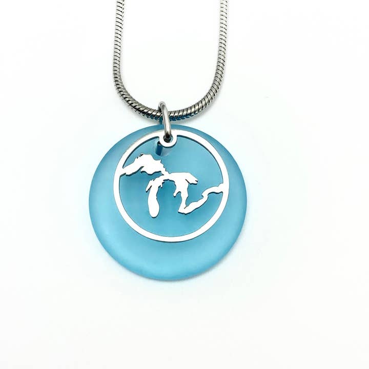 Be Inspired UP - Wholesale Pendant/charm necklace - Great Lakes Outline Beach Glass Pendant