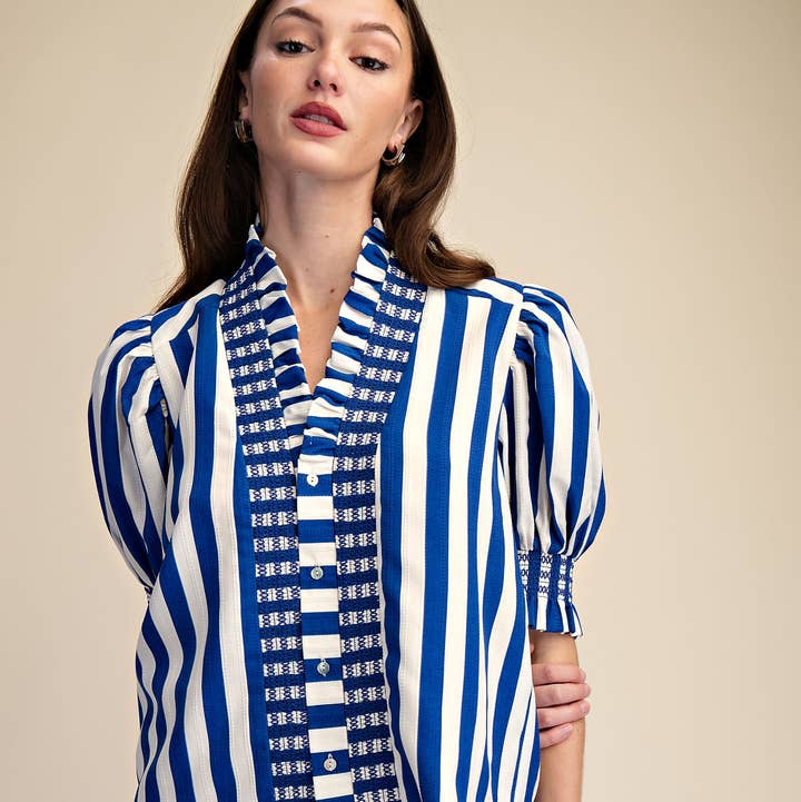 Glam - Wholesale Blouse - Women's - Ruffle V-Neck Smocked Puff Sleeve Blouse