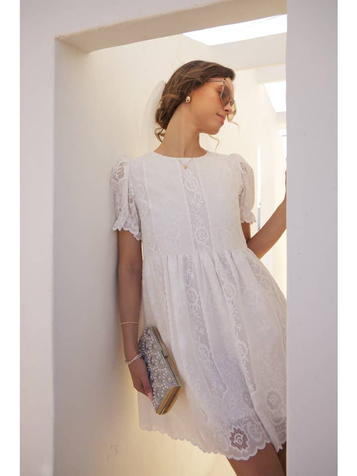 OFF WHITE FLORAL EMBROIDERY BABYDOLL MINI DRESS WITH BORDER for wholesale on Faire