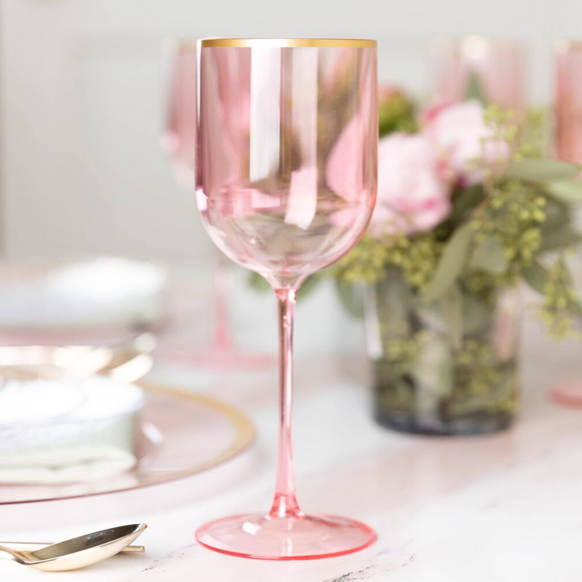 EcoQuality – wholesale Wine glass – 12oz Pink Gold Rim Plastic Wine Goblets2
