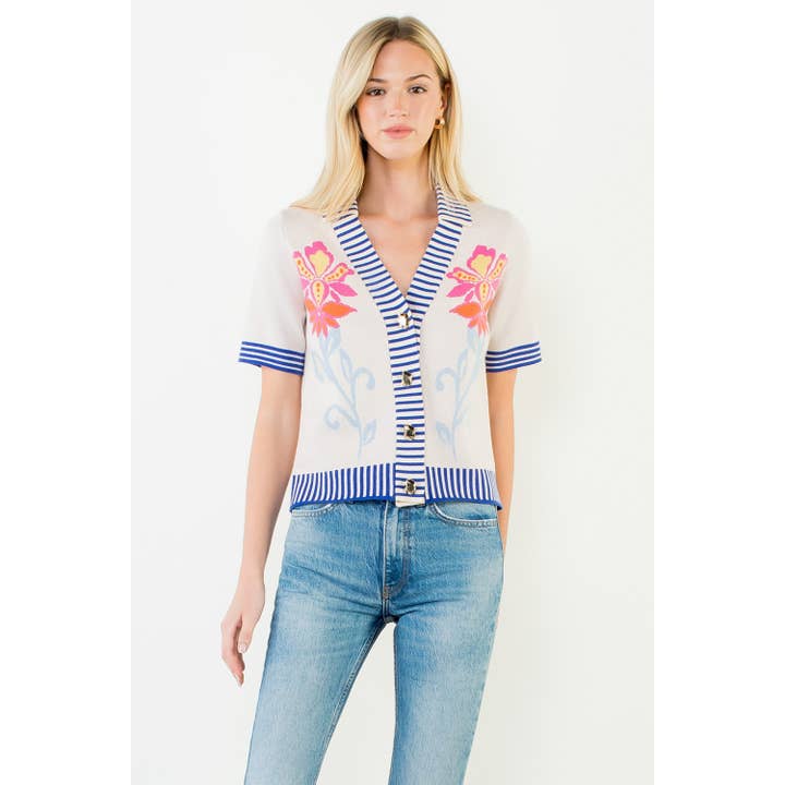Knitted Floral Stripe Trim Button Top for wholesale by THML