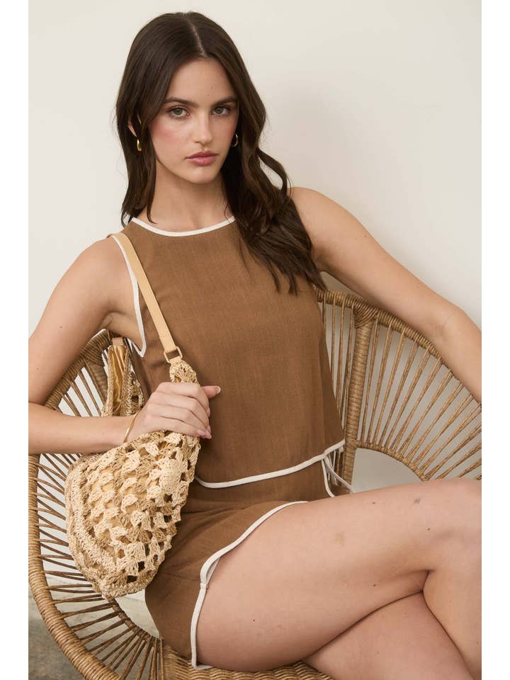 The Workshop Studio - Wholesale Blouse - Women's - CONTRAST TRIM SLEEVELESS LINEN CROP TOP