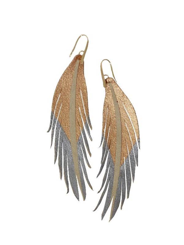 Short Feather Leather Earrings - Rose Gold/Pewter Painted for wholesale by The Supply Society