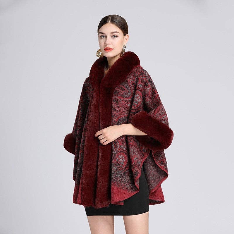 FurDecoration - Wholesale Poncho - Women's - Jacquard Hooded Shawl Poncho With Faux Otter Hair Collar5