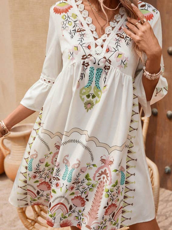 Comely Fashion - Wholesale Dress - Women's - Floral Printed Lace Patchwork V-neck Summer Dress