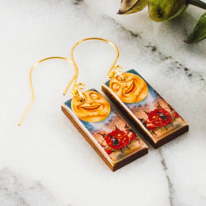 Vintage Halloween Witches + Moon Rectangle Earrings for wholesale by No Man's Land