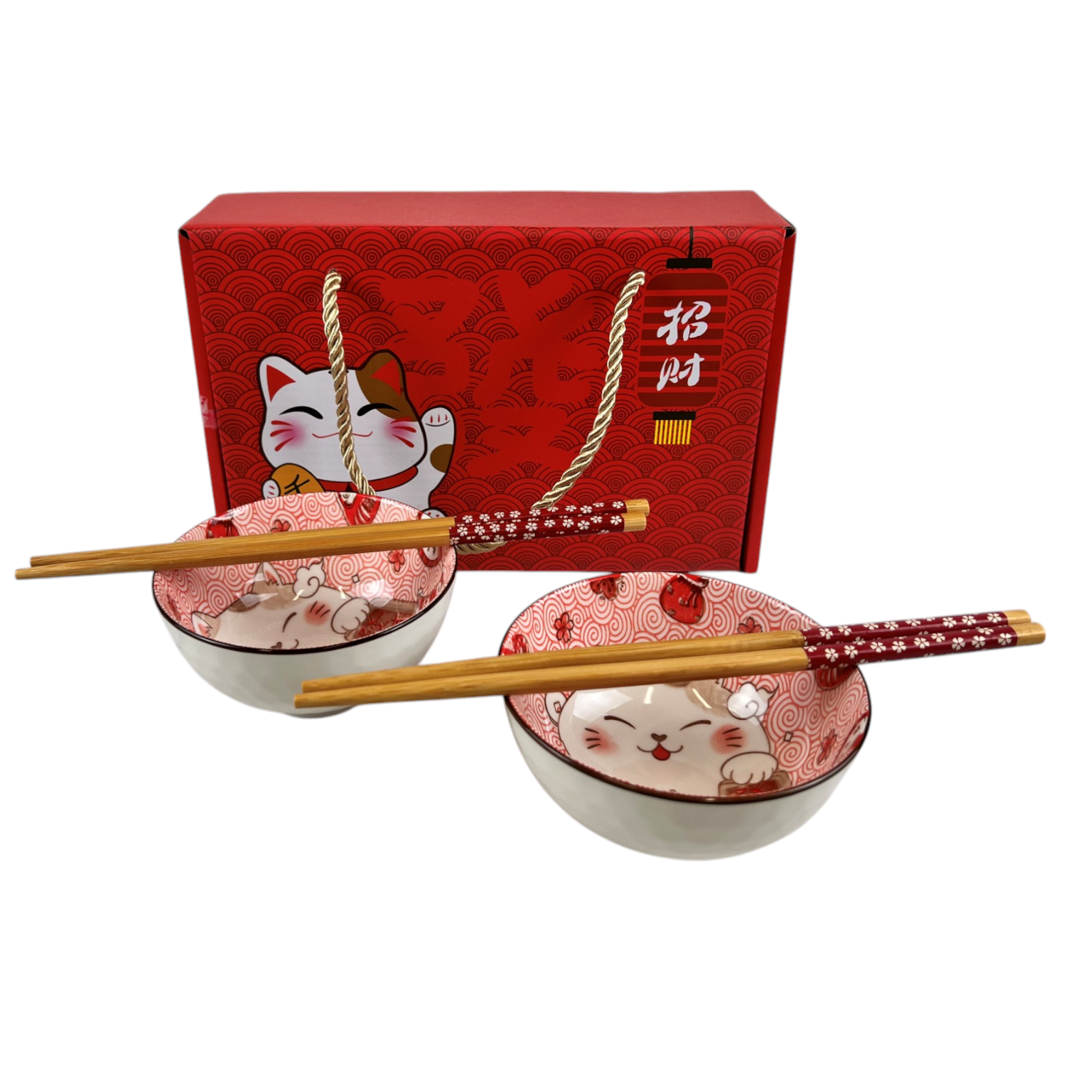 Urban Tokyo - Wholesale Bowl - Maneki Neko Lucky Cat Double Rice Set of 10oz 4.5"D Bowl With Chopsticks (1/24)1